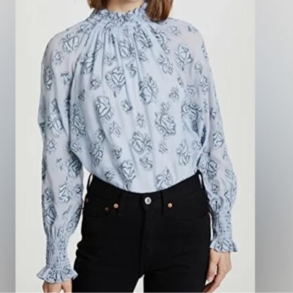 Rebecca Taylor Blue Puff Sleeve Ruffled Blouse